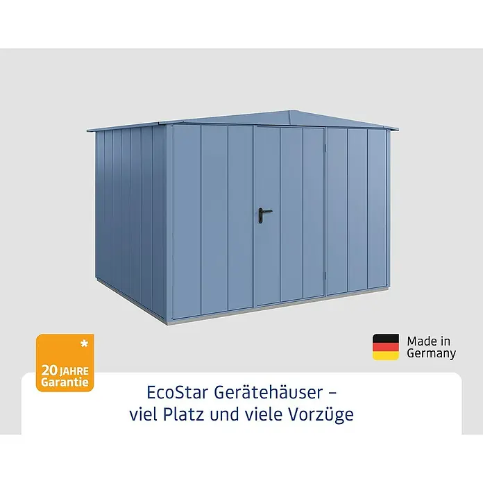 EcoStar Gerätehaus Elegant-S Typ 3 - Außenbreite inkl. Dachüberstand: 323,6 cm, Außentiefe inkl. Dachüberstand: 247,7 cm, Taubenblau, Einzeltür - Das EcoStar Gerätehaus bietet viel Platz und zahlreiche Vorteile. Es wird in Deutschland hergestellt und hat 20 Jahre Garantie.