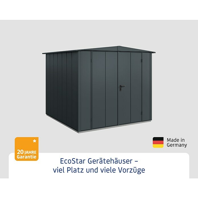 EcoStar Gerätehaus Elegant-S Typ 2Außenbreite inkl. Dachüberstand: 258,8 cm, Außentiefe inkl. Dachüberstand: 247,7 cm, Anthrazitgrau, Doppeltür Info