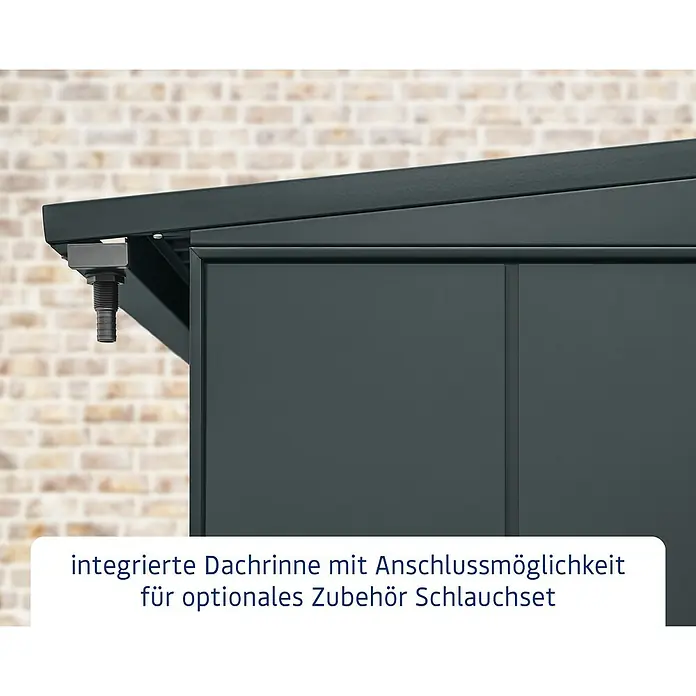 EcoStar Kaminholzregal Elegant-V Typ 1 - Metall, Anthrazitgrau - Das Bild zeigt eine integrierte Dachrinne mit Anschlussmöglichkeit für ein optionales Schlauchset an einem Gartenschuppen.