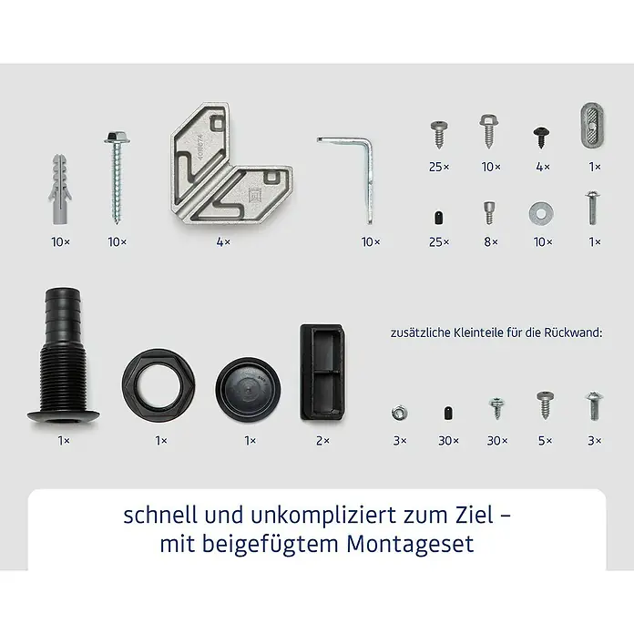 EcoStar Kaminholzregal Trend-V Typ 2 - Metall, Purpurrot - Abbildung eines Montagesets mit verschiedenen Schrauben, Winkeln und Kunststoffteilen.