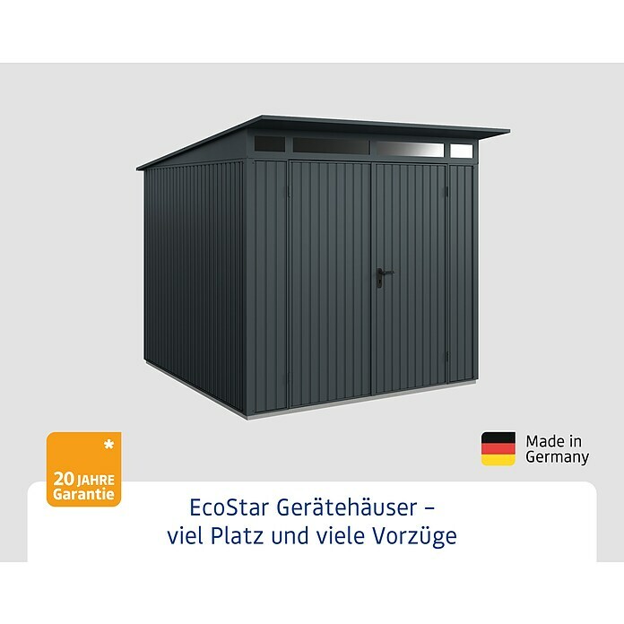 EcoStar Gerätehaus Trend-P Typ 2Außenbreite inkl. Dachüberstand: 247,9 cm, Außentiefe inkl. Dachüberstand: 283,4 cm, Anthrazitgrau, Doppeltür Info