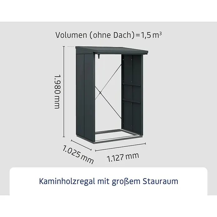EcoStar Kaminholzregal Elegant-V Typ 1 - Metall, Anthrazitgrau - Abbildung eines Kaminholzregals mit großem Stauraum und den Maßen 1.980 x 1.025 x 1.127 mm.
