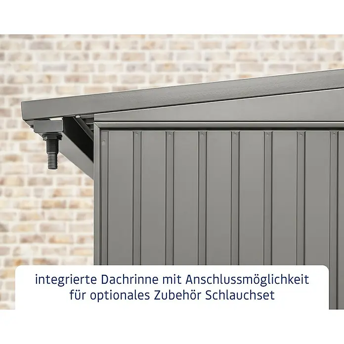 EcoStar Kaminholzregal Trend-V Typ 2 - Metall, Grau - Abgebildete integrierte Dachrinne mit Anschlussmöglichkeit für ein optionales Schlauchset am grauen Gerätehaus.