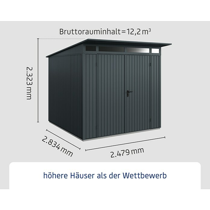 EcoStar Gerätehaus Trend-P Typ 2Außenbreite inkl. Dachüberstand: 247,9 cm, Außentiefe inkl. Dachüberstand: 283,4 cm, Anthrazitgrau, Doppeltür Info