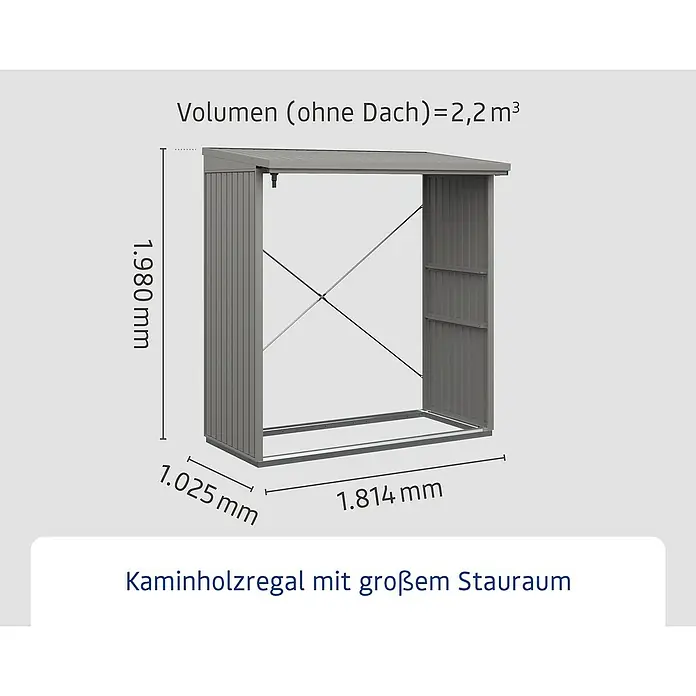 EcoStar Kaminholzregal Trend-V Typ 2 - Metall, Grau - Abbildung eines Kaminholzregals mit großem Stauraum und den Maßen 1.980 mm Höhe, 1.025 mm Tiefe und 1.814 mm Breite.