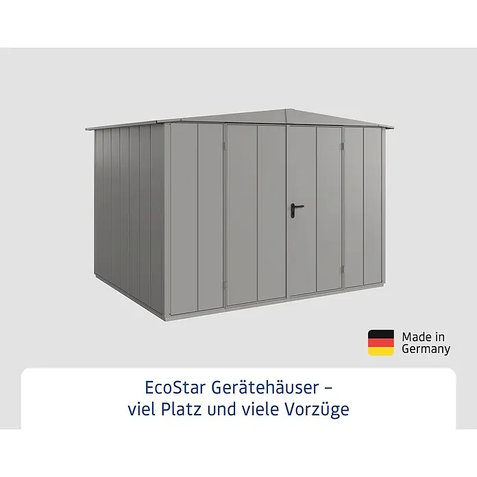 EcoStar Gerätehaus Elegant-S Typ 3 - Außenbreite inkl. Dachüberstand: 323,6 cm, Außentiefe inkl. Dachüberstand: 247,7 cm, Grau, Doppeltür - Ein graues EcoStar Gerätehaus mit Doppeltür, ideal für Gartenutensilien. Es bietet viel Platz und ist "Made in Germany".