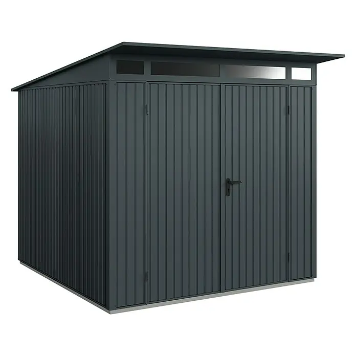 EcoStar Gerätehaus Trend-P Typ 2 - Außenbreite inkl. Dachüberstand: 247,9 cm, Außentiefe inkl. Dachüberstand: 283,4 cm, Anthrazitgrau, Doppeltür - Ein grauer Metall-Gartenschuppen mit Doppeltüren und einem Oberlicht für zusätzlichen Stauraum im Freien.