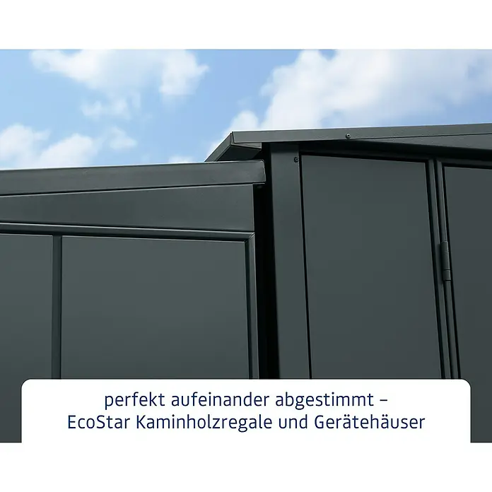 EcoStar Kaminholzregal Elegant-V Typ 1 - Metall, Anthrazitgrau - Detailaufnahme von EcoStar Kaminholzregalen und Gerätehäusern, perfekt aufeinander abgestimmt.