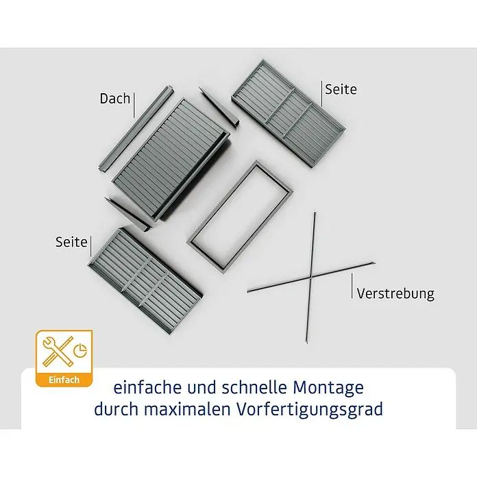 EcoStar Kaminholzregal Trend-V Typ 2 - Metall, Purpurrot - Einzelteile für ein graues Gebäude, bestehend aus Dach, Seitenwänden, Rahmen und Verstrebungen. Einfache und schnelle Montage.