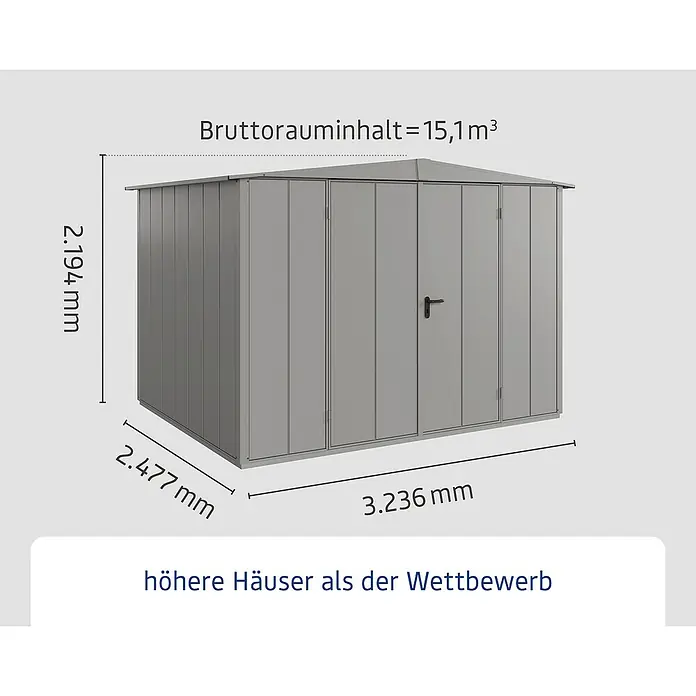 EcoStar Gerätehaus Elegant-S Typ 3 - Außenbreite inkl. Dachüberstand: 323,6 cm, Außentiefe inkl. Dachüberstand: 247,7 cm, Grau, Doppeltür - Abbildung eines Gerätehauses mit Größenangaben. Das Gerätehaus ist grau und hat eine Tür.