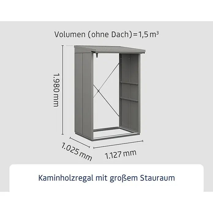 EcoStar Kaminholzregal Elegant-V Typ 1 - Metall, Grau - Abbildung eines Kaminholzregals mit großem Stauraum und den Maßen 1.980 mm Höhe, 1.025 mm Breite und 1.127 mm Tiefe.