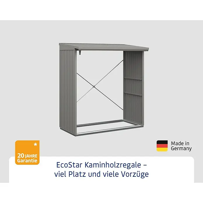 EcoStar Kaminholzregal Trend-V Typ 2 - Metall, Grau - Produktabbildung des EcoStar Kaminholzregals, das viel Platz bietet und zahlreiche Vorteile für die Lagerung von Brennholz im Freien bietet.
