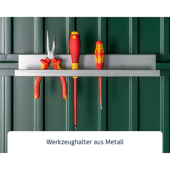 EcoStar Werkzeughalter - Passend für: EcoStar Gerätehäuser - Werkzeughalter aus Metall mit einer Zange und zwei Schraubenziehern, die an einer grünen Wand hängen.
