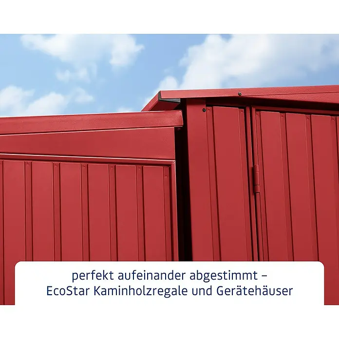 EcoStar Kaminholzregal Trend-V Typ 2 - Metall, Purpurrot - Detailansicht eines EcoStar Kaminholzregals/Gerätehauses in Rot vor blauem Himmel.