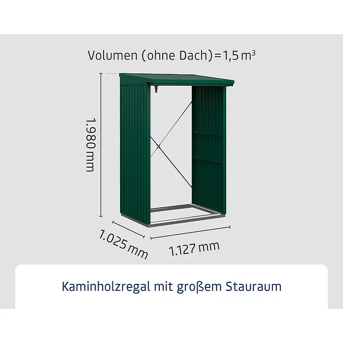 EcoStar Kaminholzregal Trend-V Typ 1 - Metall, Moosgrün - Abbildung eines Kaminholzregals mit den Maßen 1.980 mm Höhe, 1.025 mm Breite und 1.127 mm Tiefe. Das Volumen beträgt 1,5 m³.
