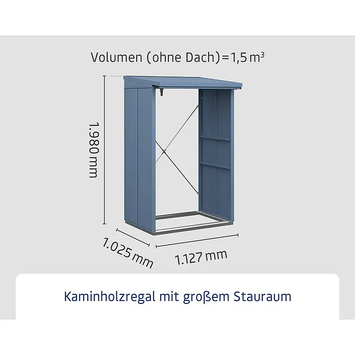 EcoStar Kaminholzregal Elegant-V Typ 1 - Metall, Taubenblau - Abbildung eines Kaminholzregals mit den Maßen 1.980 mm Höhe, 1.025 mm Tiefe und 1.127 mm Breite. Das Volumen ohne Dach beträgt 1,5 m³.