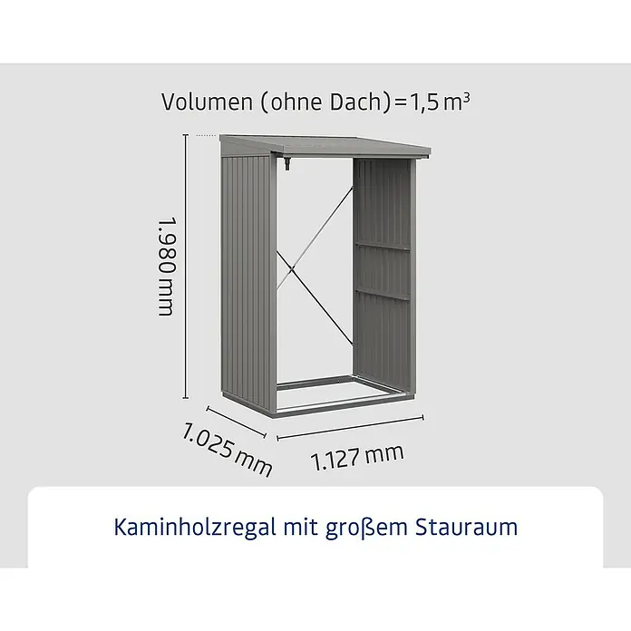 EcoStar Kaminholzregal Trend-V Typ 1 - Metall, Grau - Abbildung eines Kaminholzregals mit den Maßen 1.980 mm Höhe, 1.025 mm Breite und 1.127 mm Tiefe. Volumen (ohne Dach) = 1,5 m³.