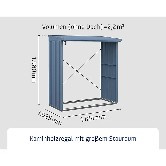 EcoStar Kaminholzregal Trend-V Typ 2 - Metall, Taubenblau - Abbildung eines Kaminholzregals mit großem Stauraum und den Maßen 1.980 mm Höhe, 1.025 mm Tiefe und 1.814 mm Breite.