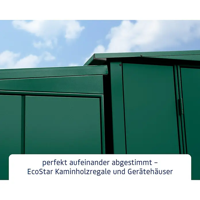 EcoStar Kaminholzregal Elegant-V Typ 1 - Metall, Moosgrün - Detailaufnahme von EcoStar Kaminholzregalen und Gerätehäusern, die perfekt aufeinander abgestimmt sind.