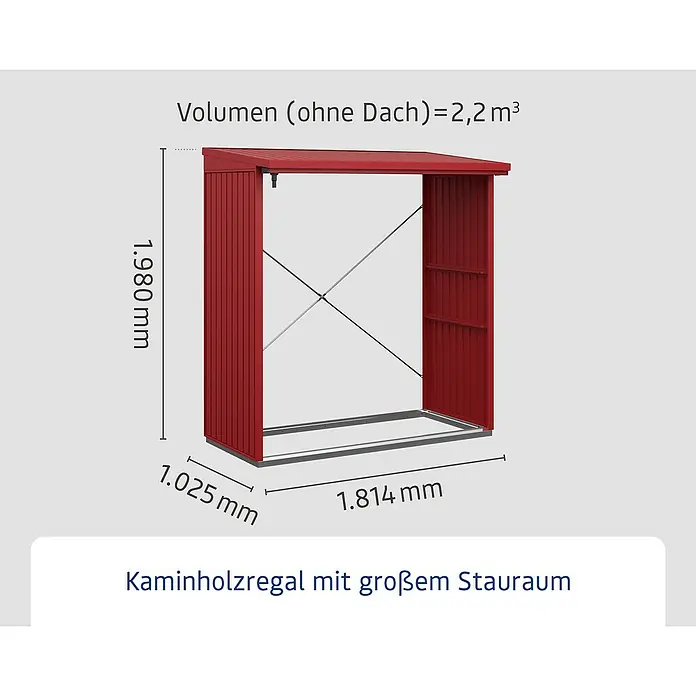 EcoStar Kaminholzregal Trend-V Typ 2 - Metall, Purpurrot - Abbildung eines Kaminholzregals mit den Maßen 1.980 mm Höhe, 1.025 mm Tiefe und 1.814 mm Breite. Das Volumen ohne Dach beträgt 2,2 m³.