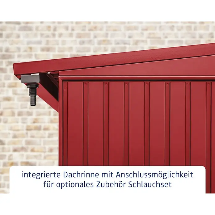 EcoStar Kaminholzregal Trend-V Typ 2 - Metall, Purpurrot - Integrierte Dachrinne mit Anschluss für Schlauchset. Das rote Gartenhaus verfügt über eine praktische Regenwasserableitung.