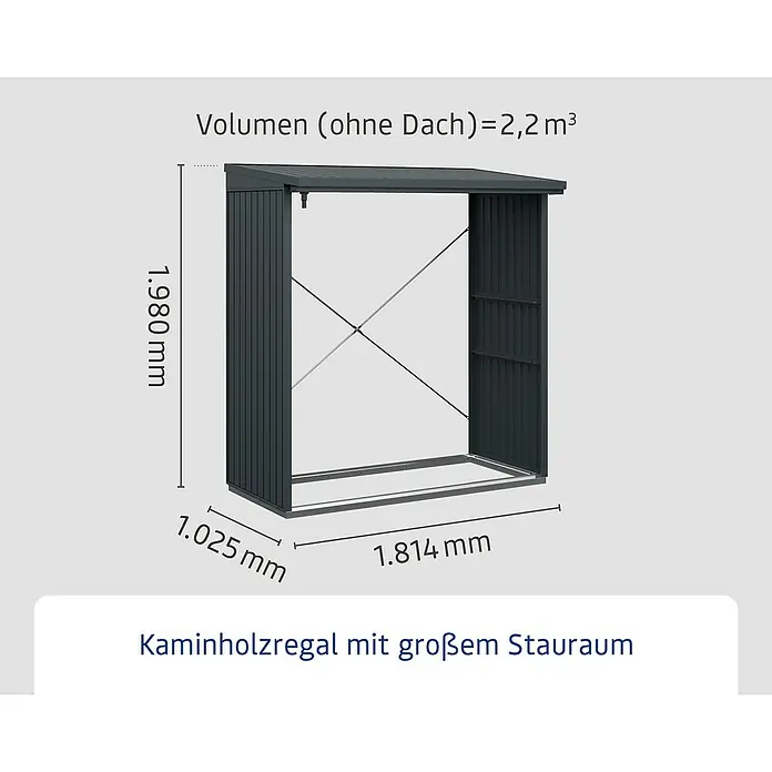 EcoStar Kaminholzregal Trend-V Typ 2 - Metall, Anthrazitgrau - Bild eines Kaminholzregals mit den Maßen 1.980 mm Höhe, 1.025 mm Tiefe und 1.814 mm Breite. Das Volumen ohne Dach beträgt 2,2 m³.