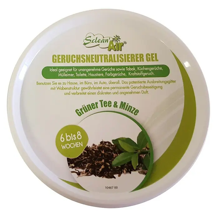 Geruchsneutralisierer Gel Sclean Air - Grüner Tee & Minze - Duftgel von Sclean Air mit Grüntee- und Minzduft. Ideal zur Neutralisierung unangenehmer Gerüche für bis zu 8 Wochen.