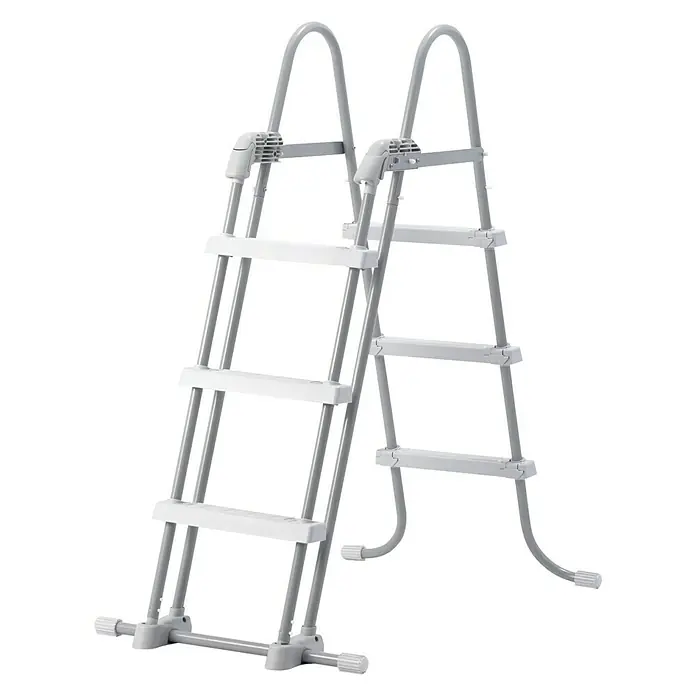 Intex Frame-Pool Graphite - Ø x H: 478 x 124 cm, Anthrazit, 16.805 l - Bild einer Poolleiter mit vier Stufen und grauem Rahmen. Die Leiter hat ein abnehmbares Design und ist für den einfachen Ein- und Ausstieg konzipiert.