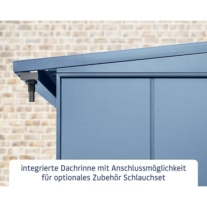 EcoStar Kaminholzregal Elegant-V Typ 1 - Metall, Taubenblau - Integrierte Dachrinne mit Anschlussmöglichkeit für optionales Zubehör Schlauchset. Die Regenrinne leitet das Wasser gezielt ab.
