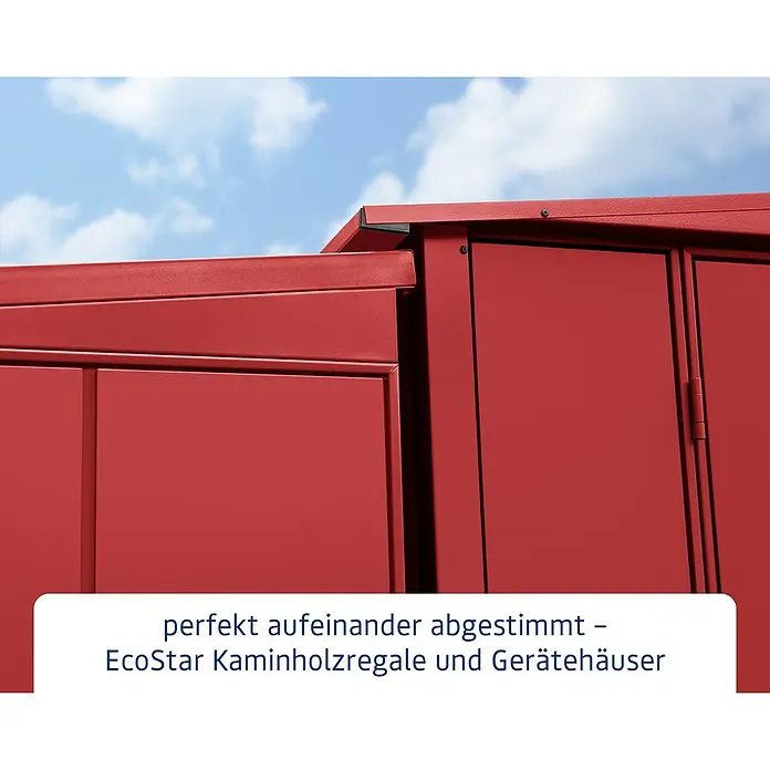 EcoStar Kaminholzregal Elegant-V Typ 1 - Metall, Purpurrot - Detailansicht der EcoStar Kaminholzregale und Gerätehäuser. Perfekt aufeinander abgestimmt für eine optimale Nutzung des Außenbereichs.
