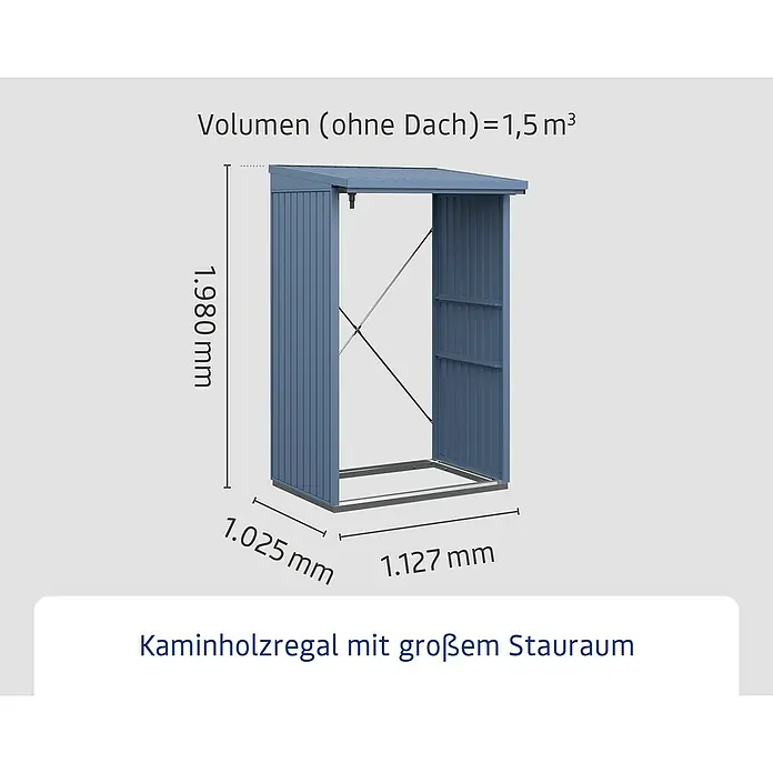 EcoStar Kaminholzregal Trend-V Typ 1 - Metall, Taubenblau - Abbildung eines Kaminholzregals mit den Maßen 1.980 mm Höhe, 1.025 mm Tiefe und 1.127 mm Breite. Das Volumen ohne Dach beträgt 1,5 m³.