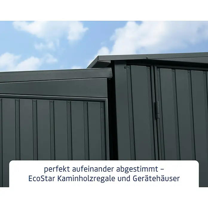 EcoStar Kaminholzregal Trend-V Typ 2 - Metall, Anthrazitgrau - Detailansicht eines EcoStar Gerätehauses, das perfekt auf Kaminholzregale abgestimmt ist. Hochwertige Bauweise für lange Lebensdauer.