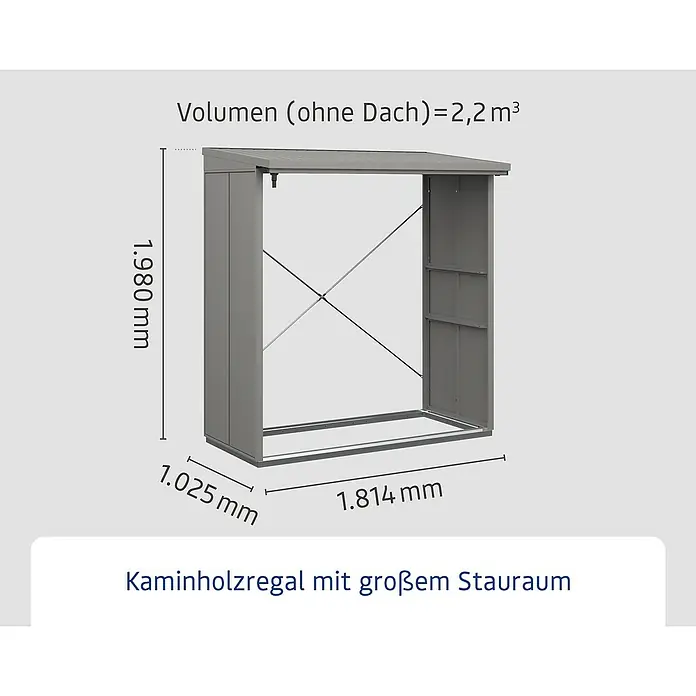 EcoStar Kaminholzregal Elegant-V Typ 2 - 102,5 x 181,4 x 198 cm, Grau - Bild einer Kaminholzregal-Grafik mit den Maßen 1,980 mm Höhe, 1,025 mm Tiefe, 1,814 mm Breite und 2,2 m³ Volumen (ohne Dach).