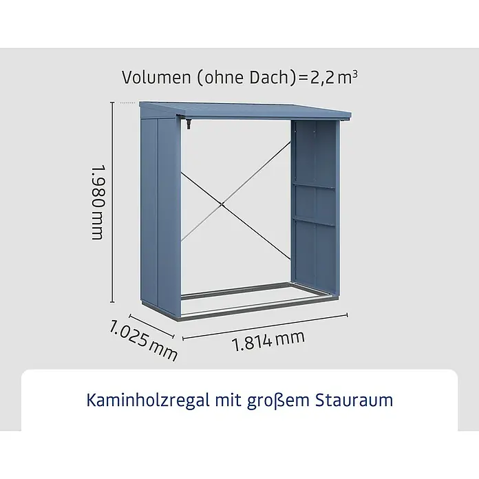EcoStar Kaminholzregal Elegant-V Typ 2 - Taubenblau - Bild eines Kaminholzregals mit den Maßen 1.980 mm Höhe, 1.025 mm Tiefe und 1.814 mm Breite. Volumen ohne Dach beträgt 2,2 m³.