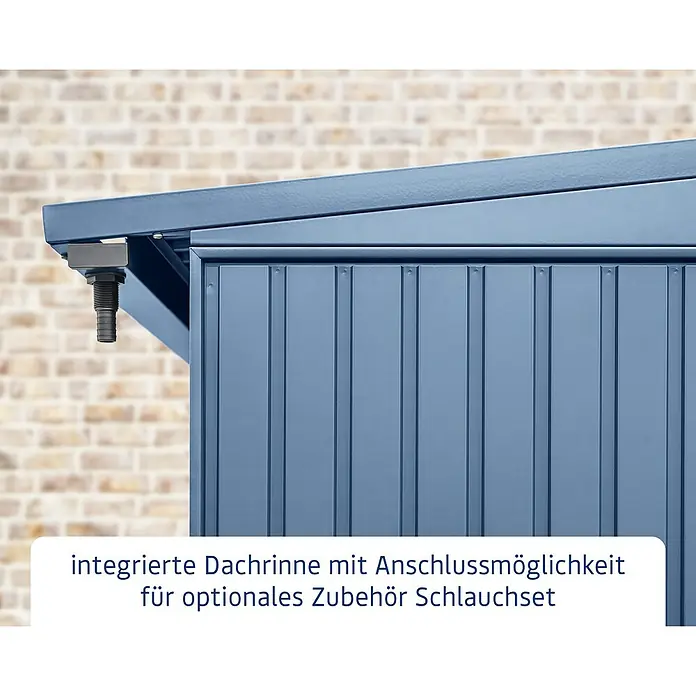 EcoStar Kaminholzregal Trend-V Typ 1 - Metall, Taubenblau - Integriertes Dachrinnensystem eines Gartenhauses in Blau, mit Anschlussmöglichkeit für optionales Zubehör Schlauchset.
