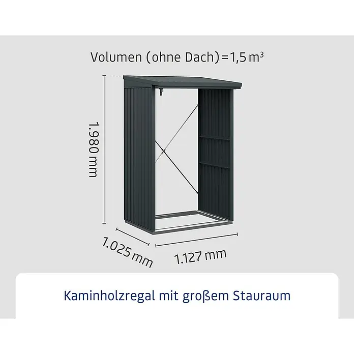 EcoStar Kaminholzregal Trend-V Typ 1 - Metall, Anthrazitgrau - Abbildung eines Kaminholzregals mit den Maßen 1.980 mm Höhe, 1.025 mm Breite und 1.127 mm Tiefe.