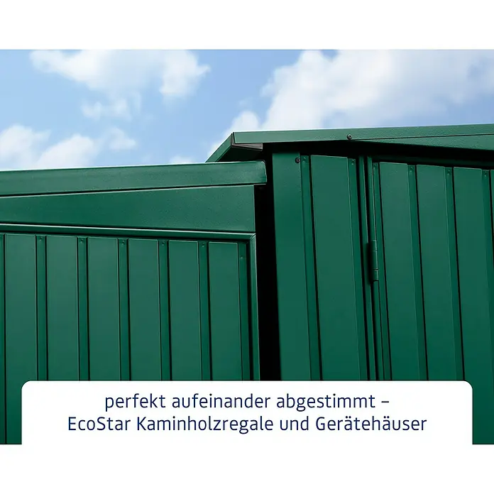 EcoStar Kaminholzregal Trend-V Typ 1 - Metall, Moosgrün - Detailansicht von EcoStar Kaminholzregalen und Gerätehäusern. Die grüne Metallkonstruktion verspricht eine lange Lebensdauer.
