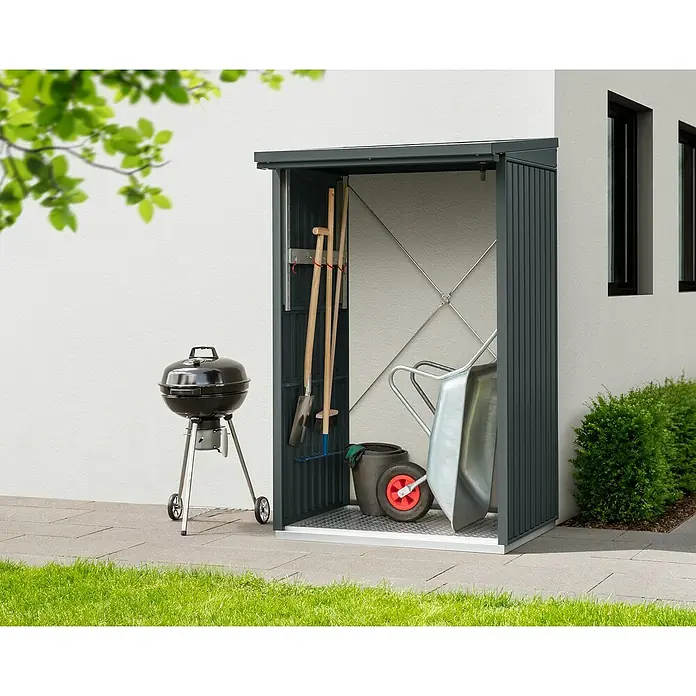EcoStar Kaminholzregal Trend-V Typ 1 - Metall, Anthrazitgrau - Gartenschrank aus Metall mit Grill und Gartengeräten. Eine praktische und stilvolle Lösung für die Aufbewahrung im Freien.