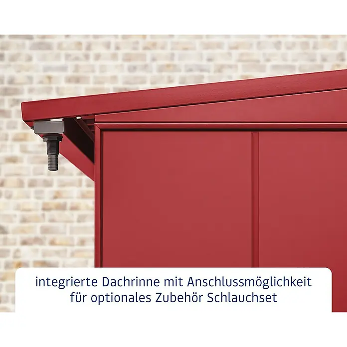 EcoStar Kaminholzregal Elegant-V Typ 1 - Metall, Purpurrot - Integrierte Dachrinne am Gerätehaus mit Anschlussmöglichkeit für optionales Schlauchset.