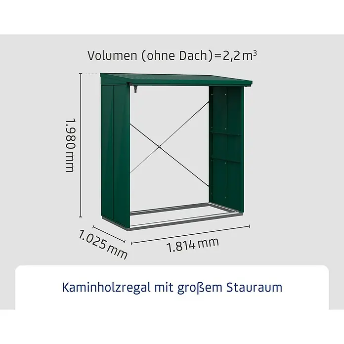 EcoStar Kaminholzregal Elegant-V Typ 2 - Moosgrün - Abbildung eines Kaminholzregals mit großem Stauraum. Die Maße sind 1.980 mm hoch, 1.025 mm tief und 1.814 mm breit, Volumen (ohne Dach)=2,2 m³.