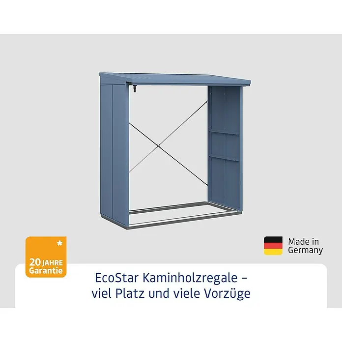 EcoStar Kaminholzregal Elegant-V Typ 2 - Taubenblau - Abbildung eines EcoStar Kaminholzregals in Blau. Praktische und stilvolle Aufbewahrung für Brennholz im Außenbereich.
