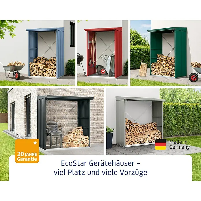 EcoStar Bodenplatte Riffelblechboden Typ 1 - Passend für: EcoStar Kaminholzregal Typ 1, Aluminium - Das Bild zeigt verschiedene EcoStar Gerätehäuser, die viel Platz und viele Vorteile bieten.