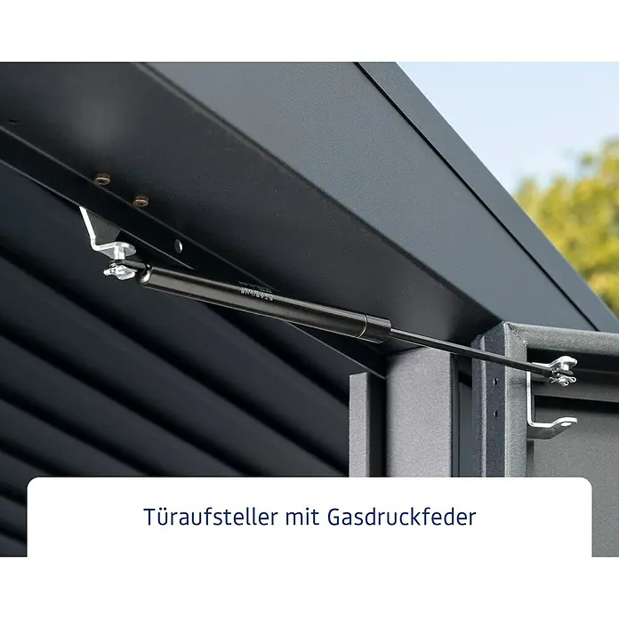 EcoStar Gasdruckfeder - Passend für: EcoStar Gerätehäuser - Türöffner mit Gasdruckfeder montiert an einem schwarzen Metallschrank, der das Öffnen und Schließen der Tür erleichtert.