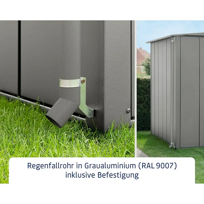 EcoStar Regenfallrohr-Set - Passend für: EcoStar Gerätehäuser, Grau - Regenfallrohr aus Graualuminium (RAL 9007) mit Befestigung. Ideal für die zuverlässige Ableitung von Regenwasser vom Gebäude.