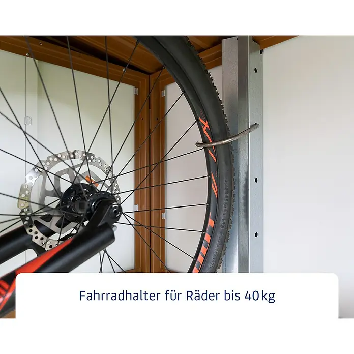 EcoStar Fahrradhalter - Länge: 194,6 cm, Passend für: EcoStar Gerätehäuser - Fahrradhalterung für Räder bis 40 kg. Die Halterung ist aus Metall und hat einen Haken zum Einhängen des Rades.