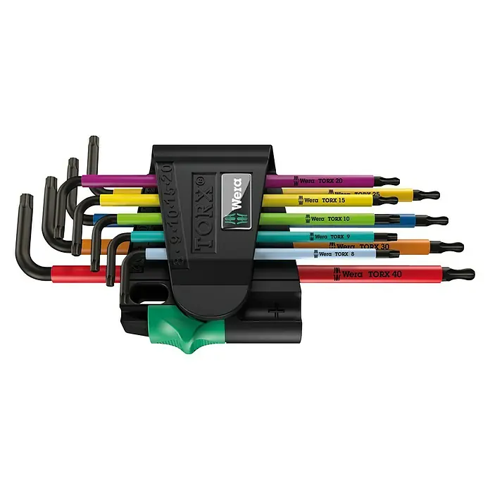 Wera Torx-Schlüsselsatz Multicolor - 9 -tlg., Größe: TX 8 - TX 40 - Ein Satz farbcodierter Wera Torx-Schlüssel, die in einem schwarzen Halter organisiert sind, für einfaches Arbeiten und schnelles Auffinden der richtigen Größe.