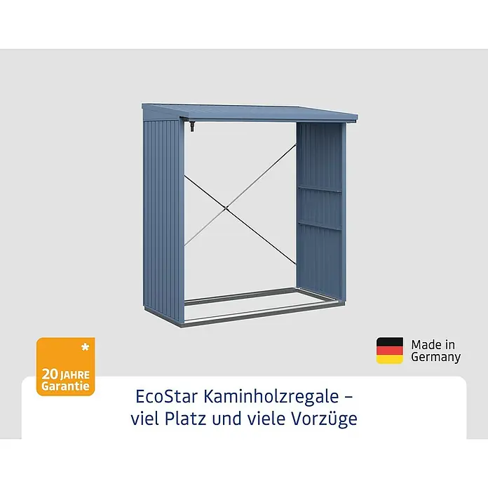 EcoStar Kaminholzregal Trend-V Typ 2 - Metall, Taubenblau - Abbildung eines EcoStar Kaminholzregals, das viel Platz und viele Vorteile bietet und in Deutschland hergestellt wurde.