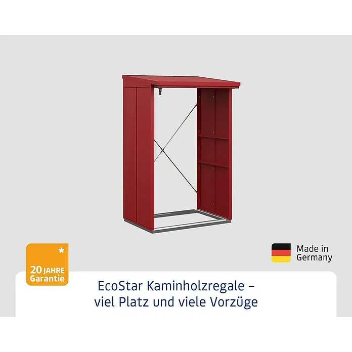 EcoStar Kaminholzregal Elegant-V Typ 1 - Metall, Purpurrot - Bild eines EcoStar Kaminholzregals in Rot, das viel Platz bietet und viele Vorzüge hat. Hergestellt in Deutschland mit 20 Jahren Garantie.