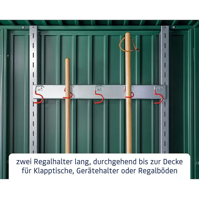 EcoStar Regalhalter - Passend für: EcoStar Gerätehäuser - Regalhalterung mit rotem Haken zur Aufbewahrung von Gartengeräten oder Klapptischen. Praktisch und platzsparend bis zur Decke.