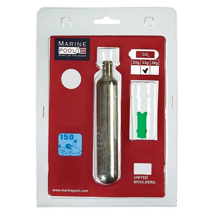 Marinepool Austausch-Set UML Manuell 33 g - Passend für: 150N Rettungswesten - Eine Marine Pool CO2-Patrone, erhältlich in 24g, 33g und 38g, verpackt in einer roten Blisterpackung mit Zubehör.